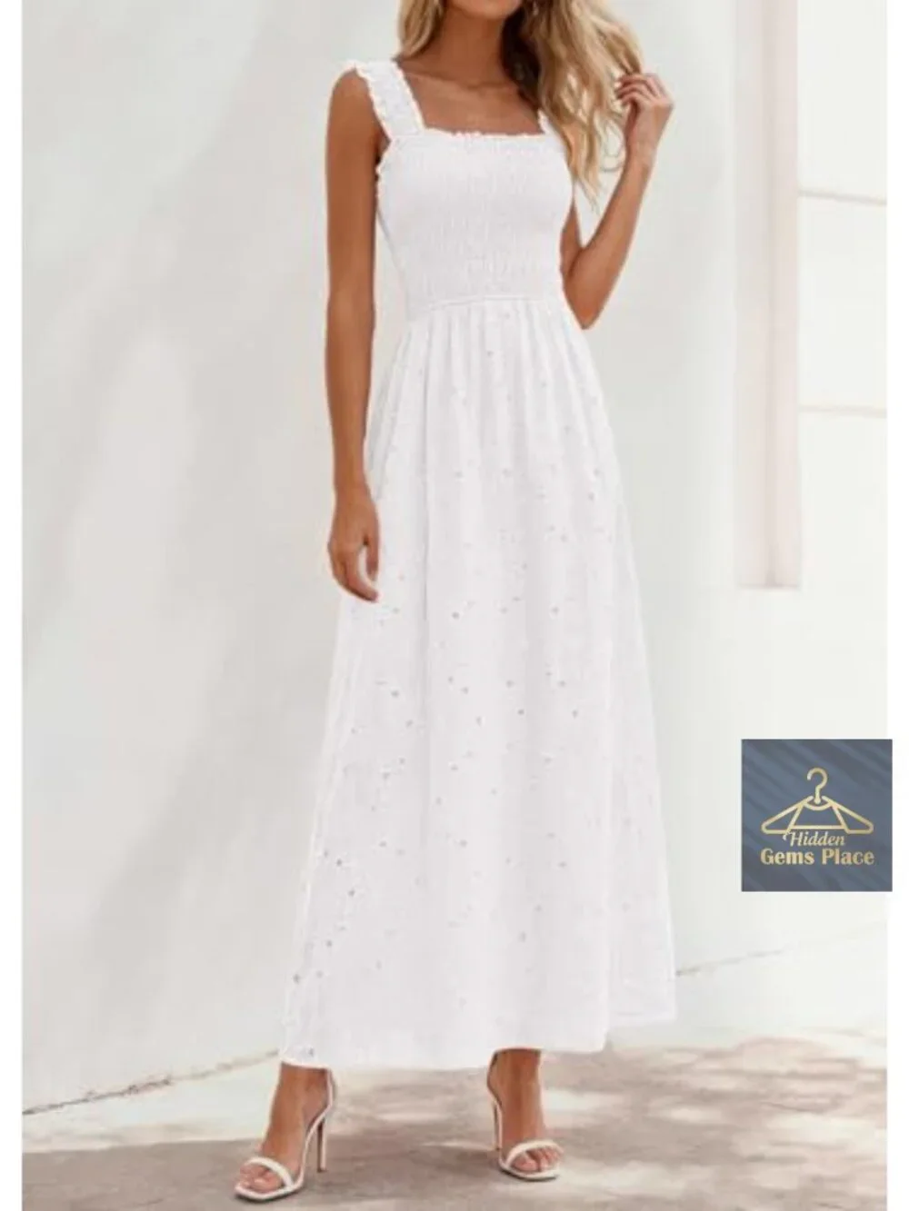 Women's Eyelet Lace Maxi Sundress - Smocked Boho Cotton Dress